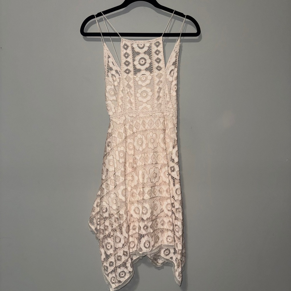 Free People Boho Floral Lace Handkerchief Hem Dress Open Back Strappy Festival